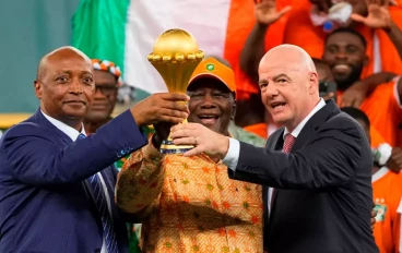 Giovanni Vincenzo Infantino, Alassane Dramane Ouattara and Patrice Motsepe looks on after the TotalEnergies CAF Africa Cup of Nations final match between Nigeria and Ivory Coast at Stade Olym