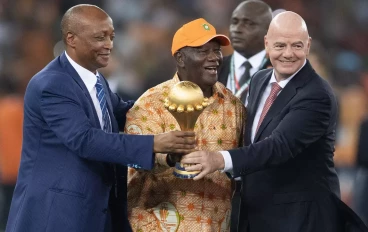 CAF president Patrice Motsepe with Ivory Coast president Alassane Ouattara and FIFA president Gianni Infantino