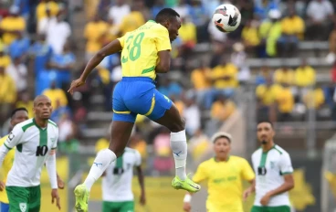 Peter Shalulile of Mamelodi Sundowns during the Betway Premiership match between Mamelodi Sundowns and Golden Arrows at Lucas Masterpieces Moripe Stadium on February 02, 2025 in Pretoria, Sou