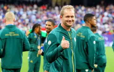 a happy Philip Snyman, head coach, during the medal ceremony of the Rugby 7s on day 1 of the 2024 Paris Olympic Games at the Stade de France on July 27, 2024 in Paris, France.