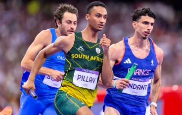 PILLAY Lythe of South Africa in action during the MenÕs 4x400m relay Final on day 15 of the 2024 Paris Olympic Games at Eiffel Tower on August 10, 2024 in Paris, France.