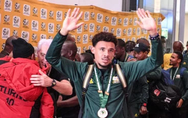 Bafana Bafana captain Ronwen Williams with teammates during the South African national football team arrival at OR Tambo Airport on February 14, 2024 in Johannesburg, South Africa.