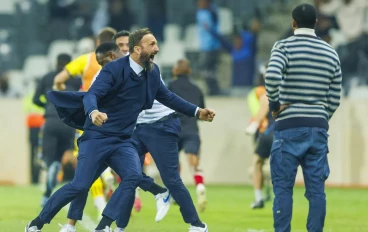 TS Galaxy coach Sead Ramovic celebrates in front of Mamelodi Sundowns