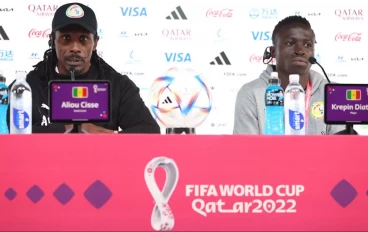 Senegal coach Aliou Cisse and midfielder Krepin Diatta speak to the media