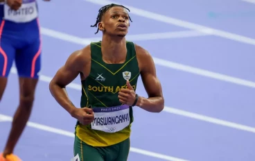 Shaun Maswanganyi of South Africa after running in the mens 200m heats of athletics on day 10 of the 2024 Paris Olympic Games at Stade de France on August 05, 2024 in Paris, France.