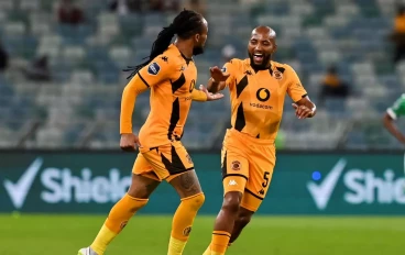 Sibongiseni Mthethwa of Kaizer Chiefs congratulates Edmilson Dove of Kaizer Chiefs on scoring during the DStv Premiership match between Kaizer Chiefs and Sekhukhune United at Moses Mabhida St