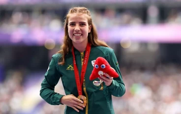 Simone Kruger of South Africa during the medal ceremony for the women’s discus F38 where she won the gold medal, on day 10 of the 2024 Paris Paralympics Games at Stade de France on September