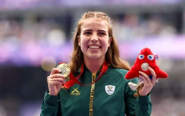 Simone Kruger of South Africa during the medal ceremony for the women’s discus F38 where she won the gold medal, on day 10 of the 2024 Paris Paralympics Games at Stade de France on September