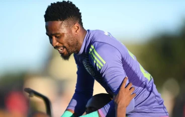 Sipho Chaine of Orlando Pirates celebrates their win at the end of the Nedbank Cup, quarter final match between SuperSport United and Orlando Pirates at Old Peter Mokaba Stadium on March 09,