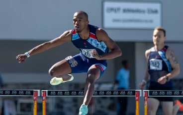 Sokwakhana Zazini during the mens 400m Hurdles during day 1 of the ASA Senior Track & Field National Championships at Green Point Athletics Stadium on April 21, 2022