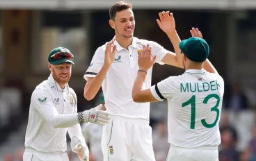 South Africa's Marco Jansen celebrates with Kyle Verreynne and Wiaan Mulder