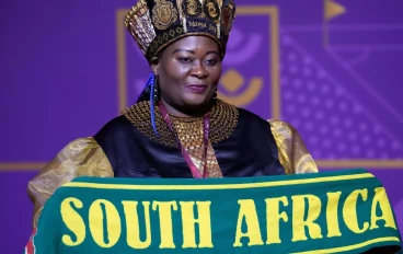South Africa soccer fan Mama Joy arrives for the 2022 soccer World Cup draw