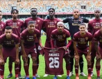 Team photo with Oshwin Andries jersey during the Carling Knockout, Final match between Stellenbosch FC and TS Galaxy at Moses Mabhida Stadium on December 16, 2023 in Durban, South Africa.