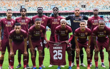 Team photo with Oshwin Andries jersey during the Carling Knockout, Final match between Stellenbosch FC and TS Galaxy at Moses Mabhida Stadium on December 16, 2023 in Durban, South Africa.