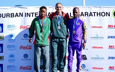 Mathews Leeto (silver), Elroy Gelant (gold) and Stephen Mokoka(bronze) during the Durban International Marathon on April 28, 2024 in Durban, South Africa.