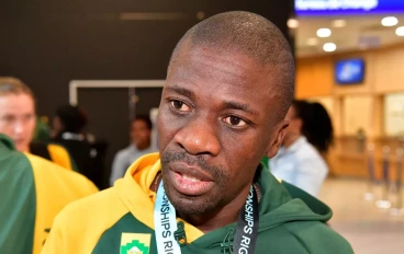 Stephen Mokoka during the South Africa national road running team arrival at OR Tambo International Airport on October 03, 2023 in Johannesburg, South Africa.