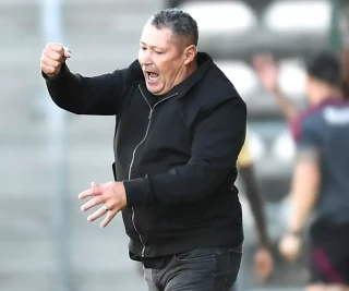 Steve Barker reacts after Referee, Philangenkosi Khumalo awards a penalty for the homeside during the DStv Premiership match between Stellenbosch FC and Mamelodi Sundowns at Athlone Stadium o