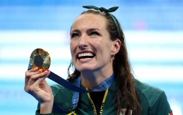 Gold Medalist Tatjana Smith of Team South Africa poses following the Swimming medal ceremony after the Women’s 100m Breaststroke Final on day three of the Olympic Games Paris 2024 at Paris La