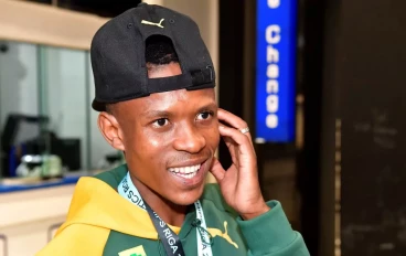 Thabang Mosiako during the South Africa national road running team arrival at OR Tambo International Airport on October 03, 2023 in Johannesburg, South Africa.