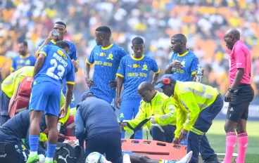 Mamelodi Sundowns captain Themba Zwane injured during the MTN8 semi final, 1st leg match between Kaizer Chiefs and Mamelodi Sundowns at FNB Stadium on September 02, 2023 in Johannesburg, Sout