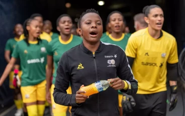 Thembi Kgatlana #11 of South Africa walks onto the field before a game between South Africa and the USWNT at Soldier Field on September 24, 2023 in Chicago, Illinois.