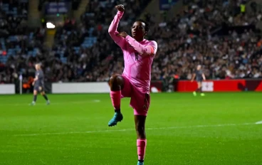 Thembi Kgatlana of South Africa celebrates scoring her team's first goal during the Women's international friendly between England and South Africa at The Coventry Building Society Arena on O