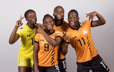 Leticia Lungu, Hellen Mubanga, Racheal Kundananji and Barbra Banda of Zambia pose for a portrait during the official FIFA Women's World Cup Australia & New Zealand 2023 portrait session on Ju