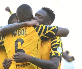 Zitha Kwinika of Kaizer Chiefs celebrate goal with team mates during the TotalEnergies CAF Confederation Cup match between Kaizer Chiefs and Al Masry SC at Peter Mokaba Stadium on February 08