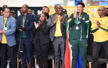 Danny Jordaan, Panyaza Lesufi, Ronwen Williams and Zizi Kodwa during the South African national football team arrival at OR Tambo Airport on February 14, 2024 in Johannesburg, South Africa.