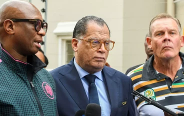 Zizi Kodwa, SA minister of Sport, Arts and Culture, Danny Jordaan, Safa President and Neil Tovey at the home of the late Clive Barker on June 12, 2023 in Durban, South Africa. The legendary f
